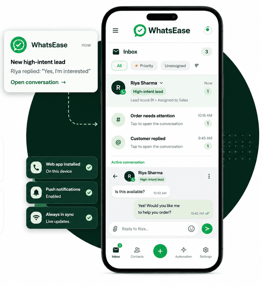 WhatsEase mobile app inbox and customer alerts