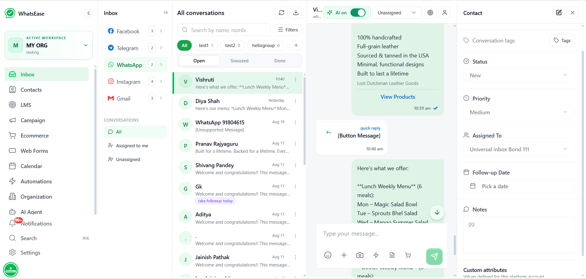 Actual WhatsEase unified inbox showing conversations and contact information